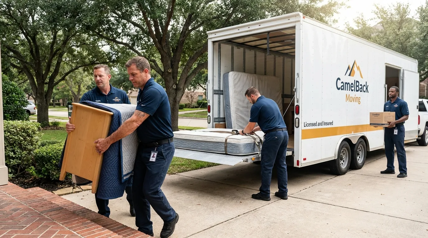 Crew loading residential truck for cross-state move from Cherokee, NC