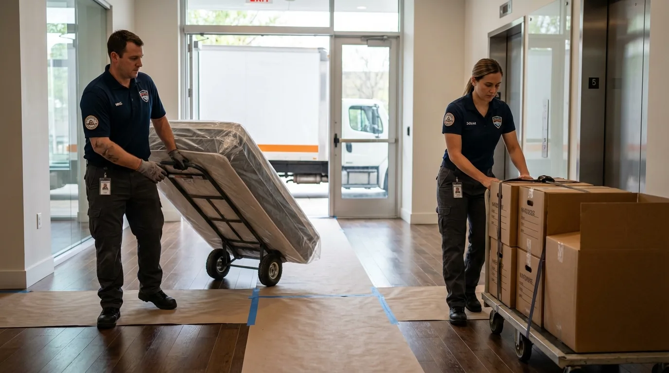 Professional apartment movers loading elevator in Cherokee, NC